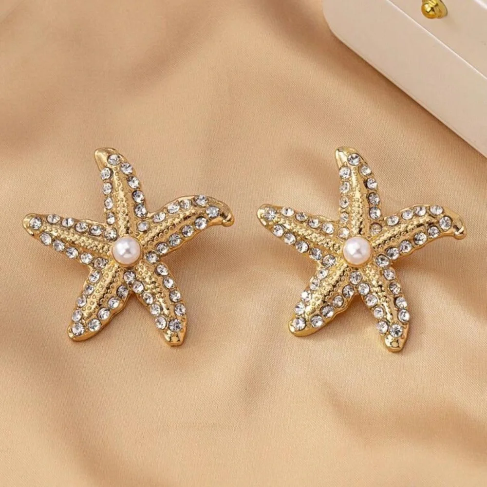 Gold and White Starfish Earrings with Sparkling Gemstones, Seashell Earrings